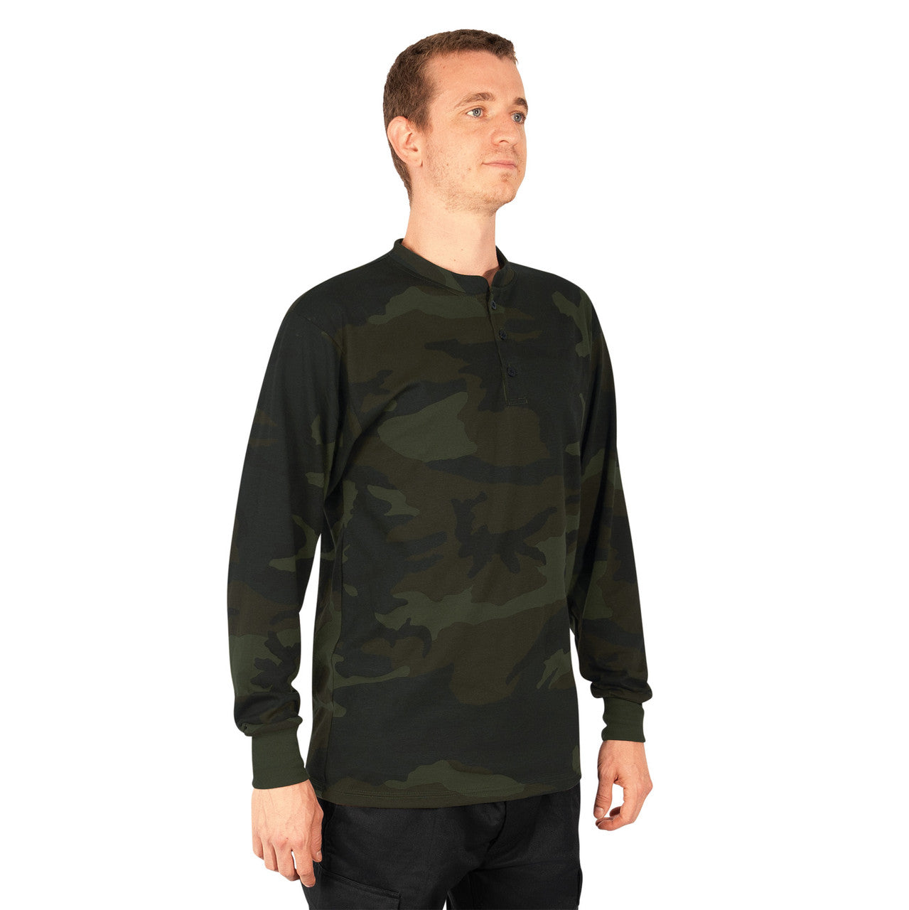 Rothco Long Sleeve Henley T-Shirt: Midnight Woodland Camo