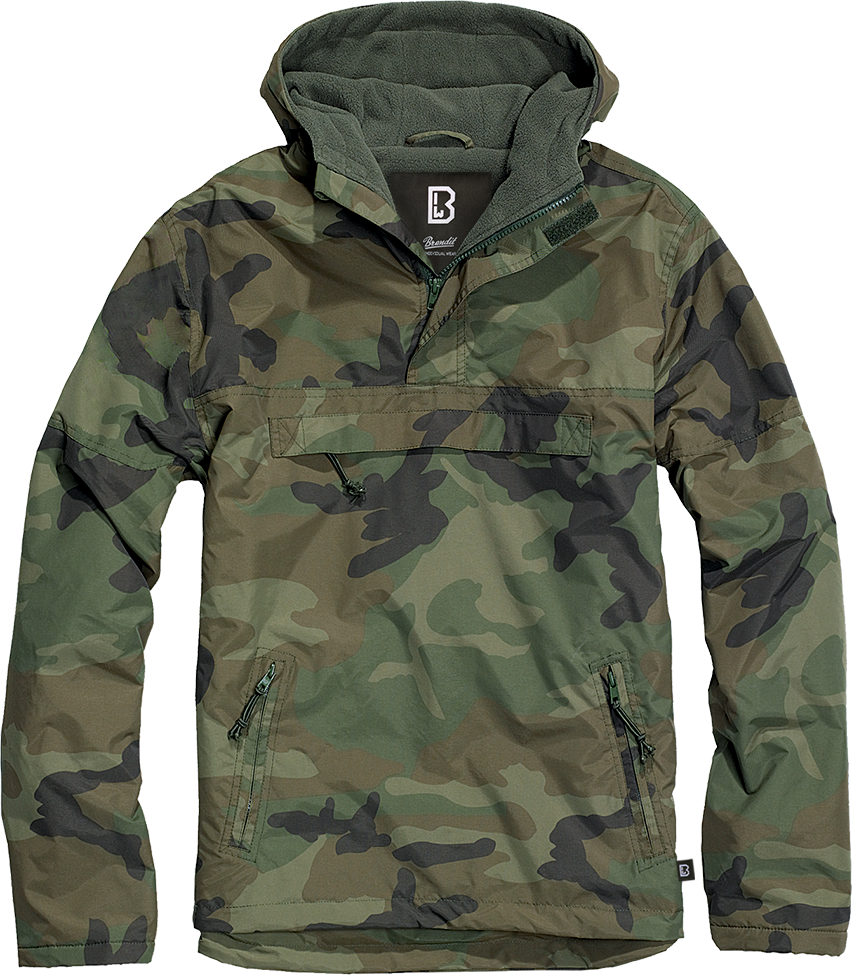 Brandit Fleece-Lined Quarter Zip Windbreaker Pullover: Woodland