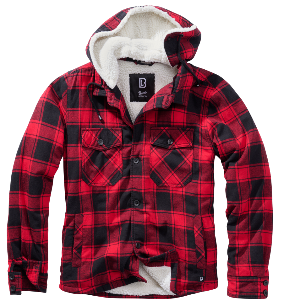 Brandit Sherpa-Lined Flannel Lumber Jacket: Red / Black