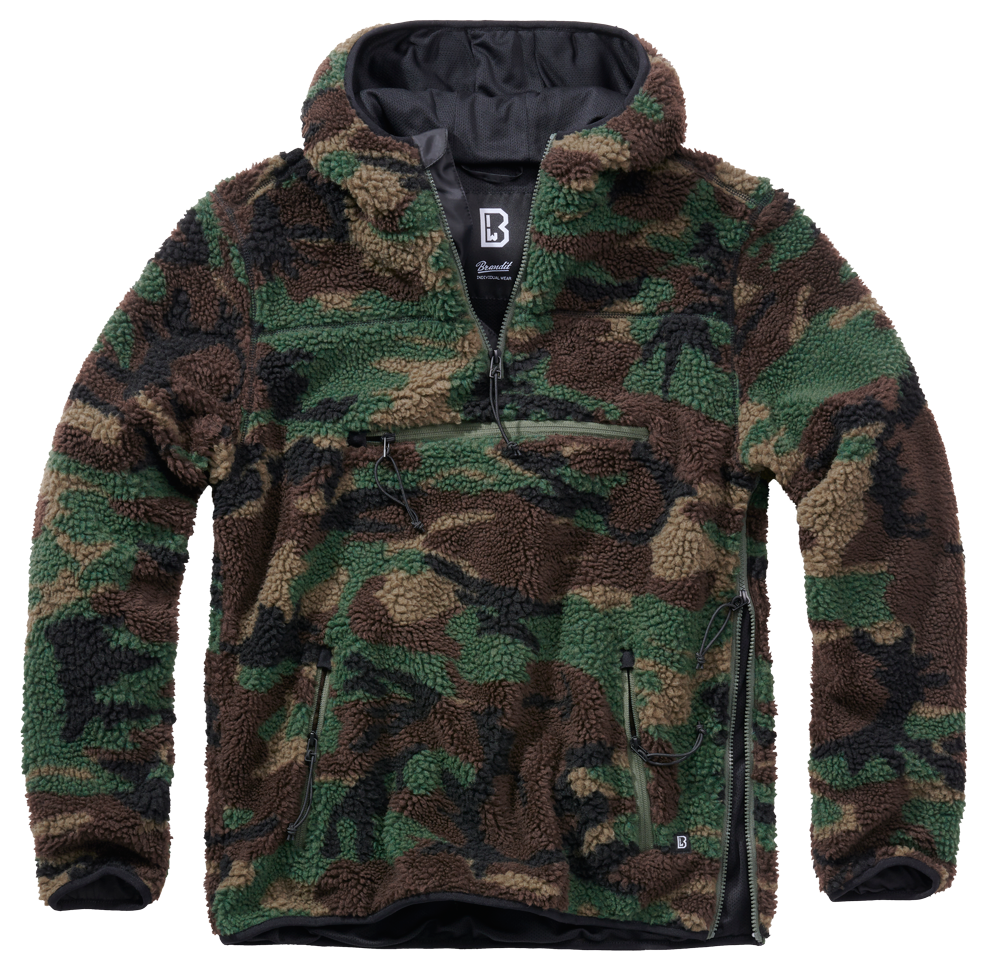 Brandit Hooded Fleece Quarter Zip Jacket: Woodland camo