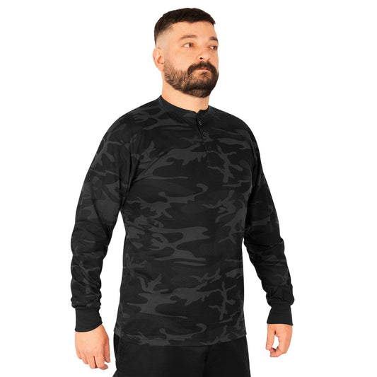 Rothco Long Sleeve Henley T-Shirt: Midnight Black Camo