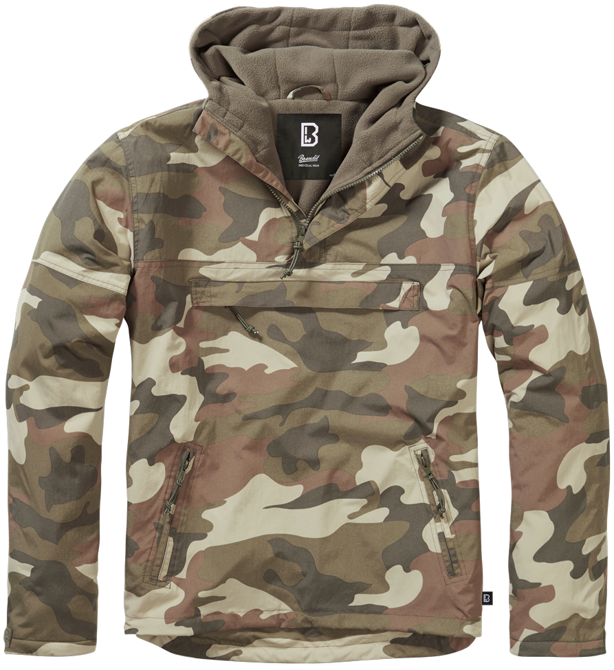 Brandit Fleece-Lined Quarter Zip Windbreaker Pullover: Light Woodland Camo