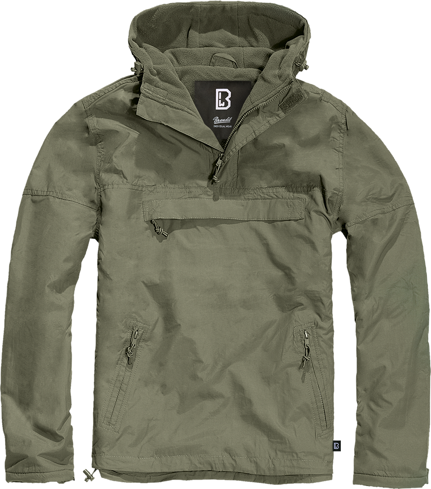 Brandit Fleece-Lined Quarter Zip Windbreaker Pullover: Olive Drab