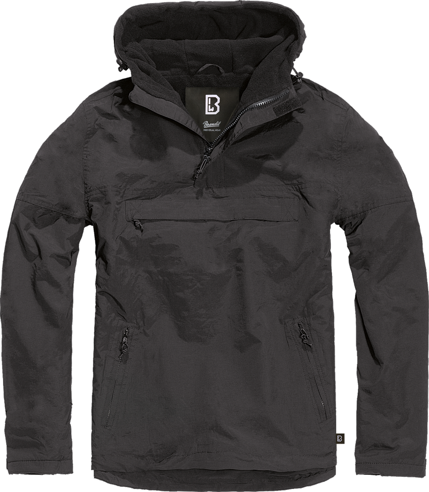 Brandit Fleece-Lined Quarter Zip Windbreaker Pullover: Black