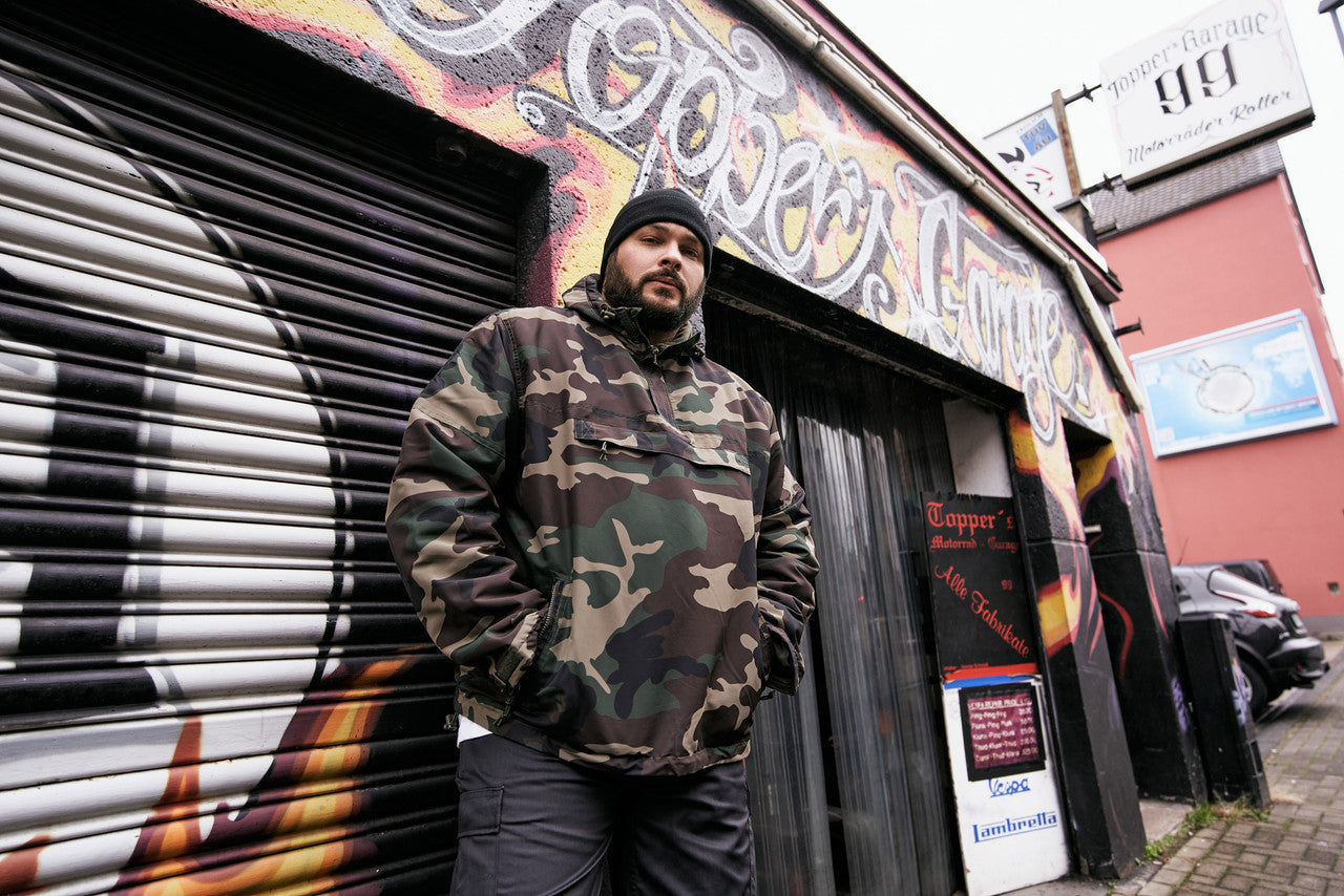 Brandit Light Quarter Zip Windbreaker Pullover: Woodland Camo