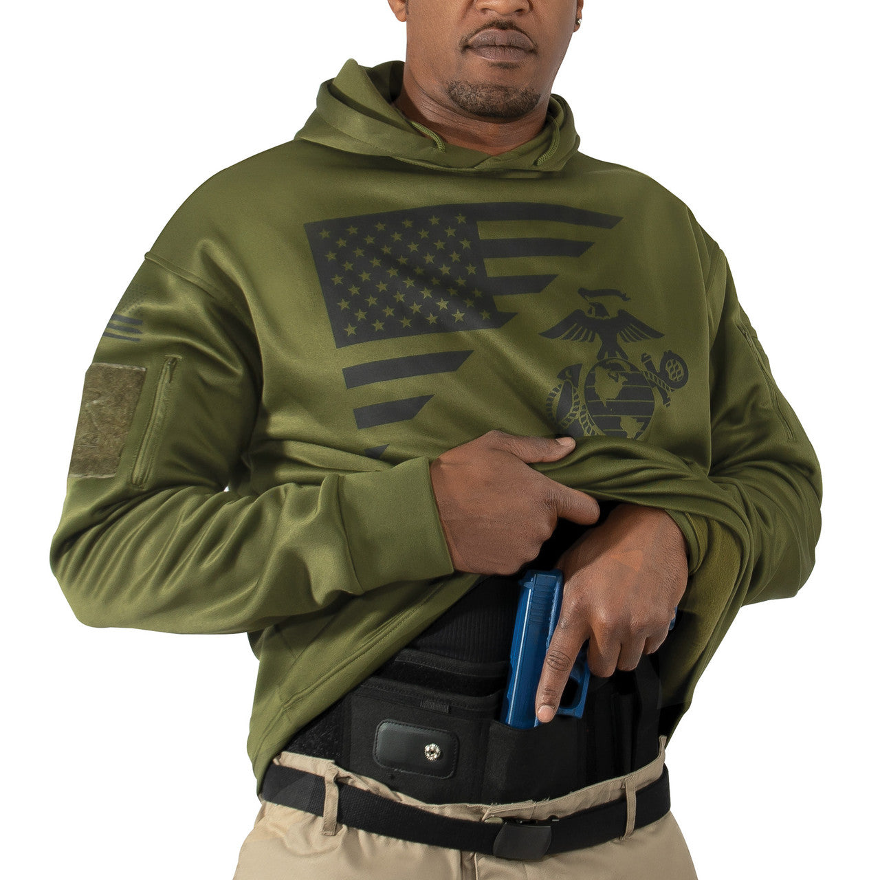 Rothco US Flag / USMC Eagle, Globe, & Anchor Concealed Carry Hoodie: Olive Drab
