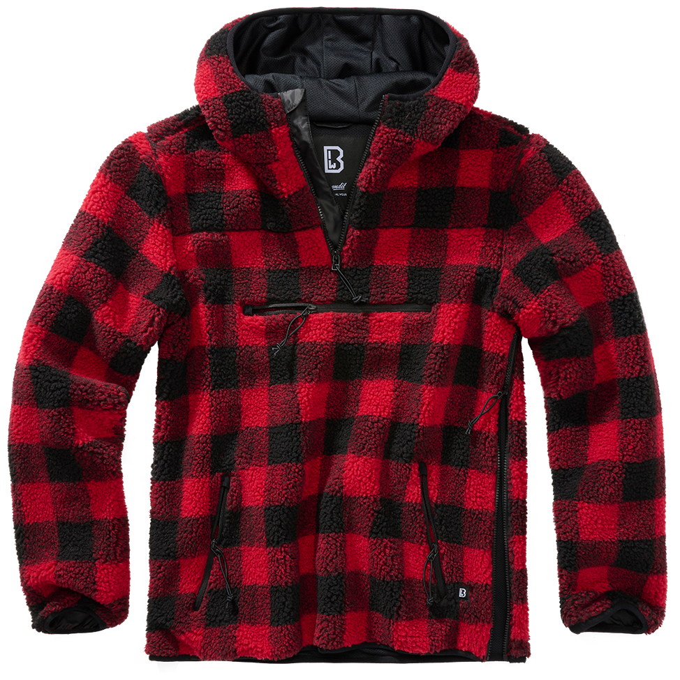 Brandit Hooded Fleece Quarter Zip Jacket: Red / Black